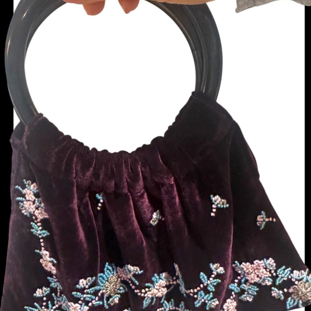 Velvet beaded bracelet bag. Purple with pink / blue beading